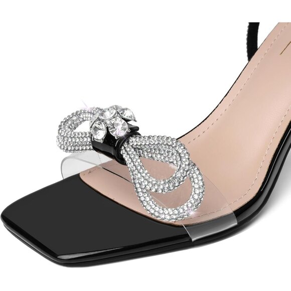 Women's Black+bl Closed Toe Rhinestone Wedding Low Slingback Clear Kitten Heels - Picture 7 of 9
